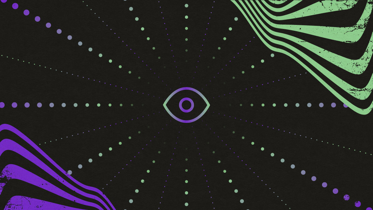 An abstract psychedelic design centered around an eye symbol in purple and green, set against a dark background with radiating green and purple dots and wavy lines creating a visual representation of expansion and awareness.