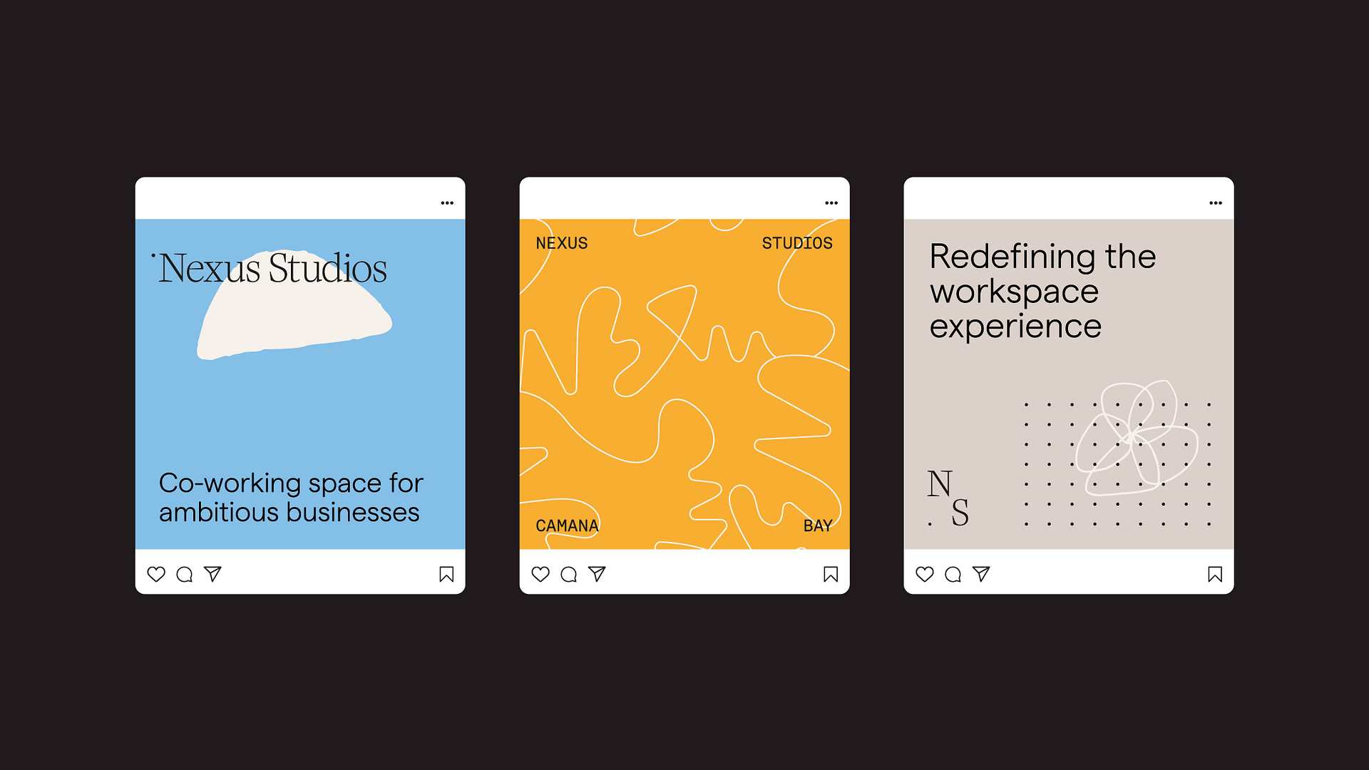 The image features three mobile screen graphics, simulating Instagram posts for "Nexus Studios": 1. Left Screen: A light blue background with a white, abstract shape resembling a cloud at the top. The logo "Nexus Studios" is displayed in bold serif font. Below the logo, the text "Co-working space for ambitious businesses" is written in a smaller, sans-serif font. 2. Middle Screen: A vibrant golden yellow background with random white squiggles and loops covering the entirety of the screen. At the top, "NEXUS STUDIOS" is printed in a bold, block font, split between two lines. Below the squiggles, "CAMANA BAY" is written in a larger font, followed by "BAY" in a slightly smaller size. 3. Right Screen: A muted beige background features a white, stylized atomic-like pattern in the centre, surrounded by a black dotted grid. The text "Redefining the workspace experience" is aligned to the left in a bold, modern font. Below the illustration, the letters "N S" are placed, hinting at the abbreviation for Nexus Studios. Each screen design utilizes bold colours and minimalist graphic elements, catering to a modern and stylish aesthetic typical for a co-working space brand.