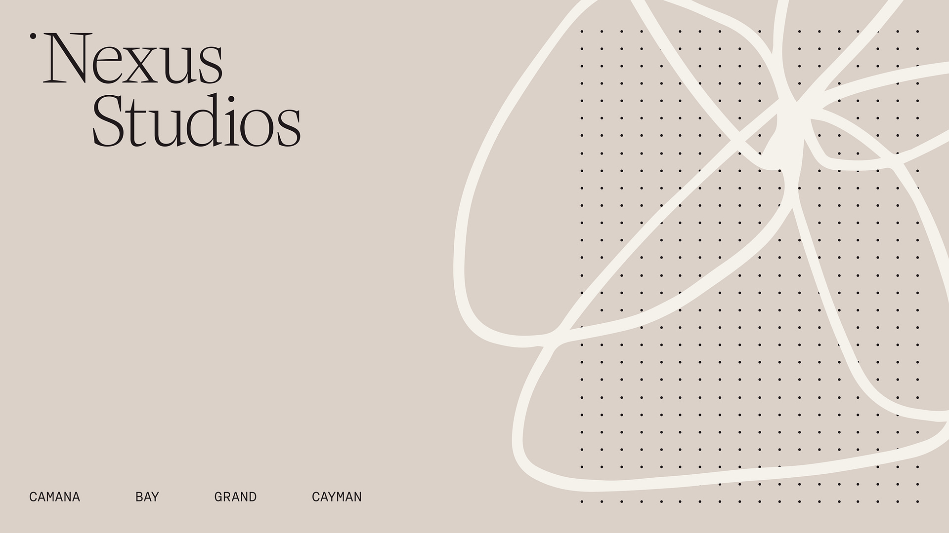 The image features a minimalistic design predominantly in shades of beige and white. It displays the text "Nexus Studios" in a large, elegant serif font, prominently positioned at the top-left. Below the text, there is a large, abstract, white outline of a flower drawing that overlaps and intertwines, creating a series of irregular shapes. The drawing includes small black dotted patterns within these shapes. At the bottom-left corner, there are the words "CAMANA BAY GRAND CAYMAN" in a smaller, simple sans-serif typeface. The overall colour palette is muted, and the design is clean and modern.