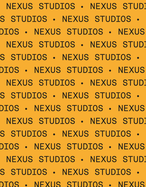 A repetitive pattern of the text "NEXUS STUDIOS" in bold, capitalized serif font. The pattern is set against a golden yellow background. Each instance of "NEXUS STUDIOS" is separated by a small dot. The pattern is aligned horizontally and spans across the entire image, creating a continuous and uniform design. This branded pattern exemplifies a vibrant visual identity for Nexus Studios.