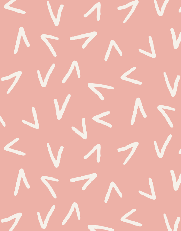 A playful and abstract pattern of white, hand-drawn chevron shapes scattered across a soft pink background. The chevrons are uneven and stylistic, varying slightly in size and orientation, creating a dynamic and casual effect. This design is minimalist and modern, ideal for adding a light, whimsical touch to branding materials or decorative elements.