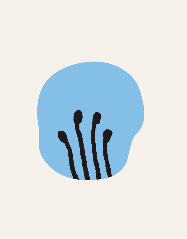 A minimalist abstract illustration. A light blue, irregularly shaped blob serves as a background. Centred on this blob are four vertical, elongated shapes in dark blue, resembling stylized representations of matchsticks or thin plant stalks. The shapes are somewhat uneven in width and tilt slightly to varying degrees. The overall design is simple and uses bold colours to create a striking visual contrast.