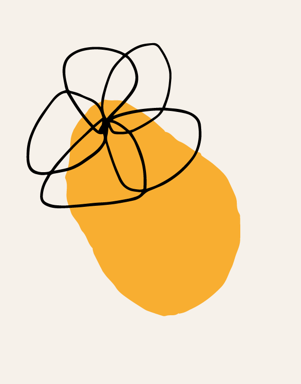 A minimalist abstract illustration. It consists of a large, irregular golden yellow oval shape as the background. Overlapping this golden yellow shape is a series of interlocking black loops, forming a complex, flower-like pattern. The black lines are thin and vary slightly in width, creating a dynamic and visually intriguing overlay on the simple, bold background. The design uses stark contrast and simple shapes for a modern and artistic effect.