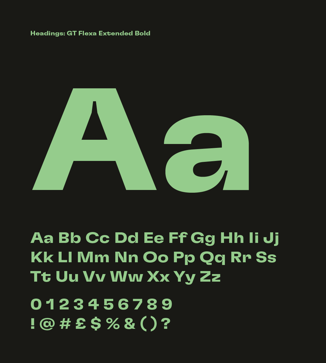 The image displays the Manchester Psychedelic Community brand typeface, GT Flexa Extended Bold, showcasing its character set. The sample includes uppercase and lowercase letters, numbers, and special characters, all in a vibrant green against a dark background. This typographic display is used to demonstrate the font style, primarily for headings, indicating its visual impact and readability.