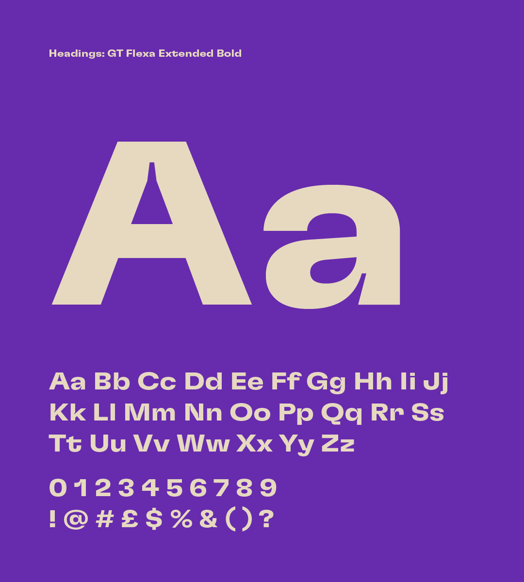 This image is the same as the previous one, this time showing the brand typeface, GT Flexa Extended Bold, in cream on a vibrant purple background.