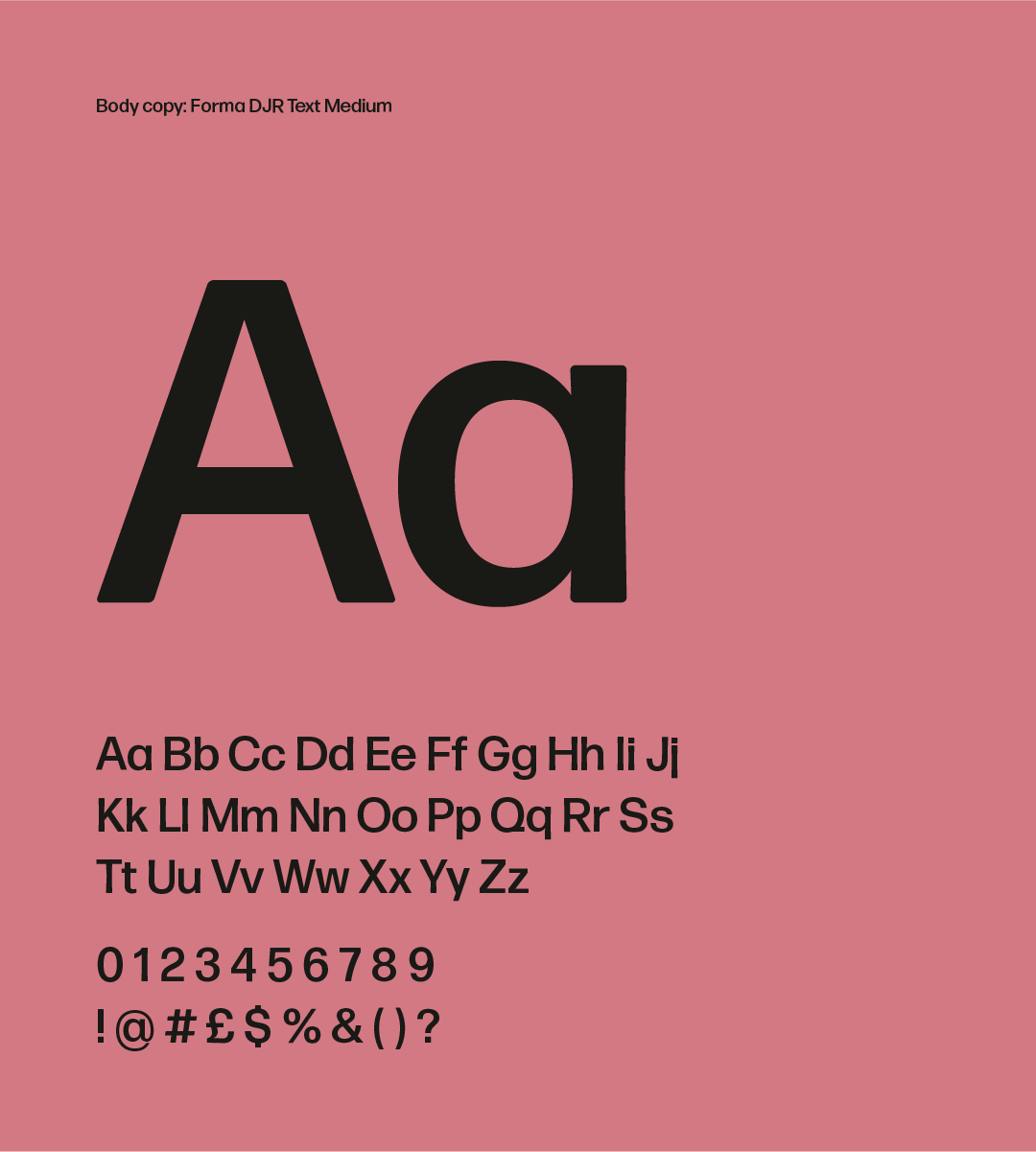 The image shows the second brand typeface, Forma DJR Text Medium, highlighting its character set including uppercase and lowercase letters, numbers, and special characters. The font is displayed in black against a dusty pink background, designed for use as body copy, showcasing its readability and balanced proportions for text-heavy sections.