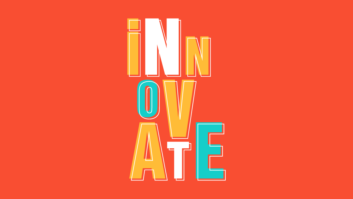 Animation still with text reading "Innovate". The letters are different sizes and look playful, and are stacked on top of each other. They are a mixture of the colours aqua, white and yellow on a red background.