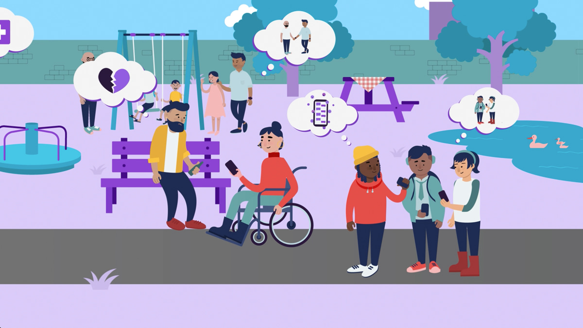 Animation Still: park with various people engaged in different activities. A man on a bench looks at his phone, a person in a wheelchair also uses a phone, and three friends chat while holding their phones. Children play on swings, and a couple walks hand-in-hand. Thought bubbles show people's concerns about relationships, social interactions, and technology. The scene includes a picnic table, a pond with ducks, and a roundabout.