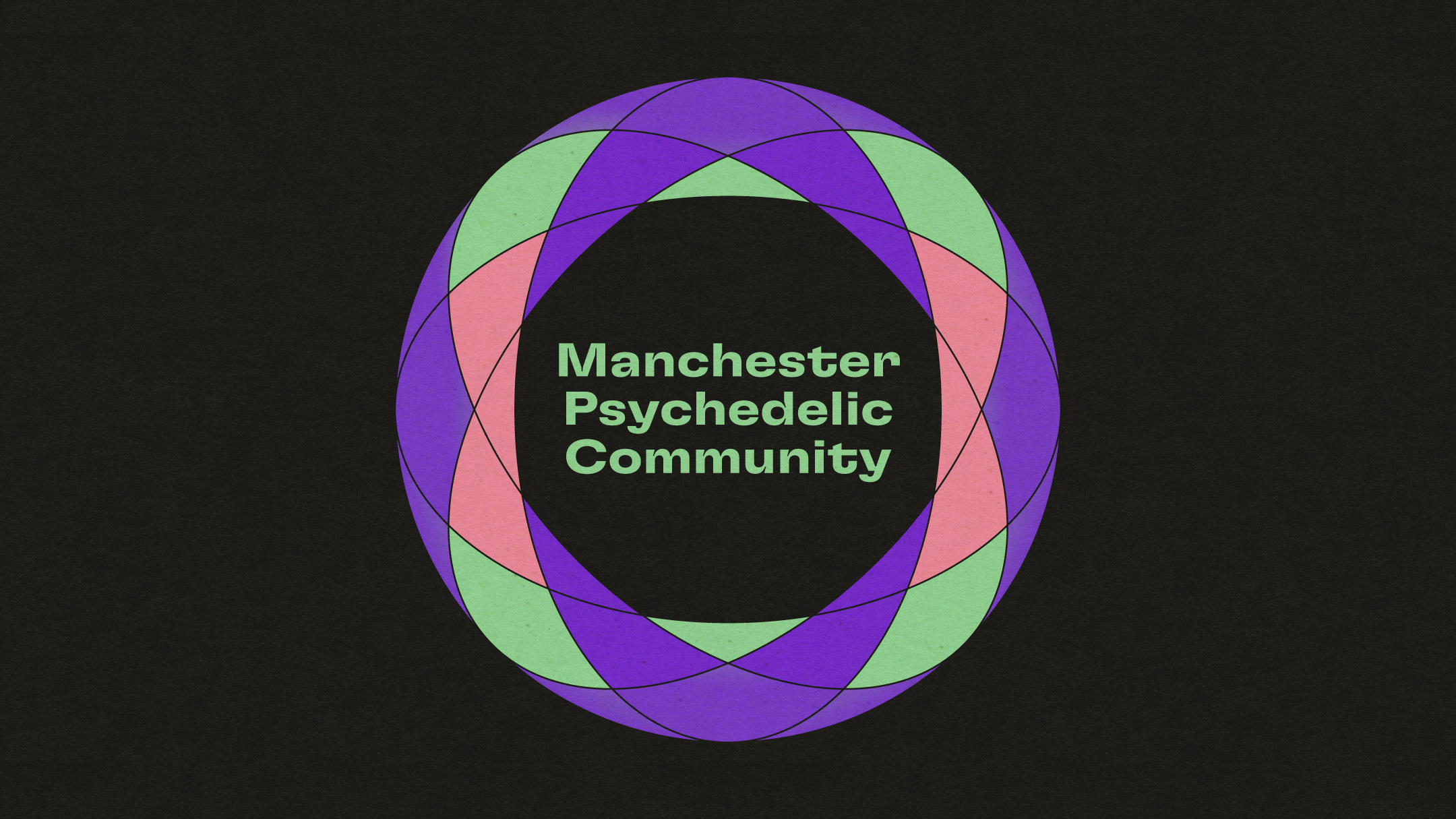 A graphic featuring a colourful spiral design in purple, green, and pink on a black background, with the group's name, 'Manchester Psychedelic Community' in bold green text at the centre.