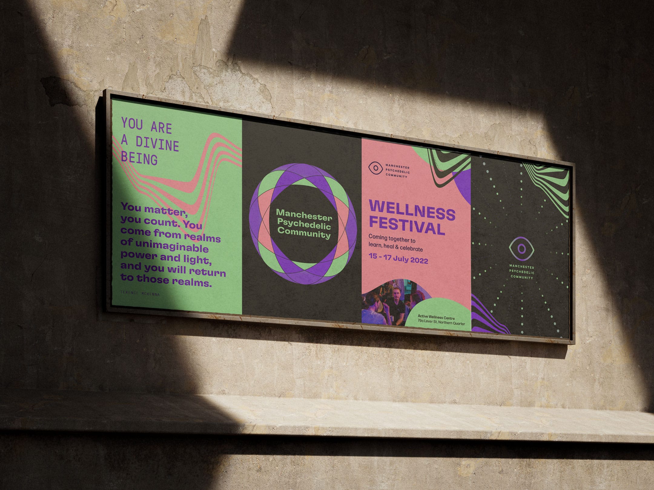 Four consecutive posters for the Manchester Psychedelic Community, featuring vibrant, psychedelic designs. They promote themes of wellness and consciousness and pne is promotional poster for a Wellness Festival.