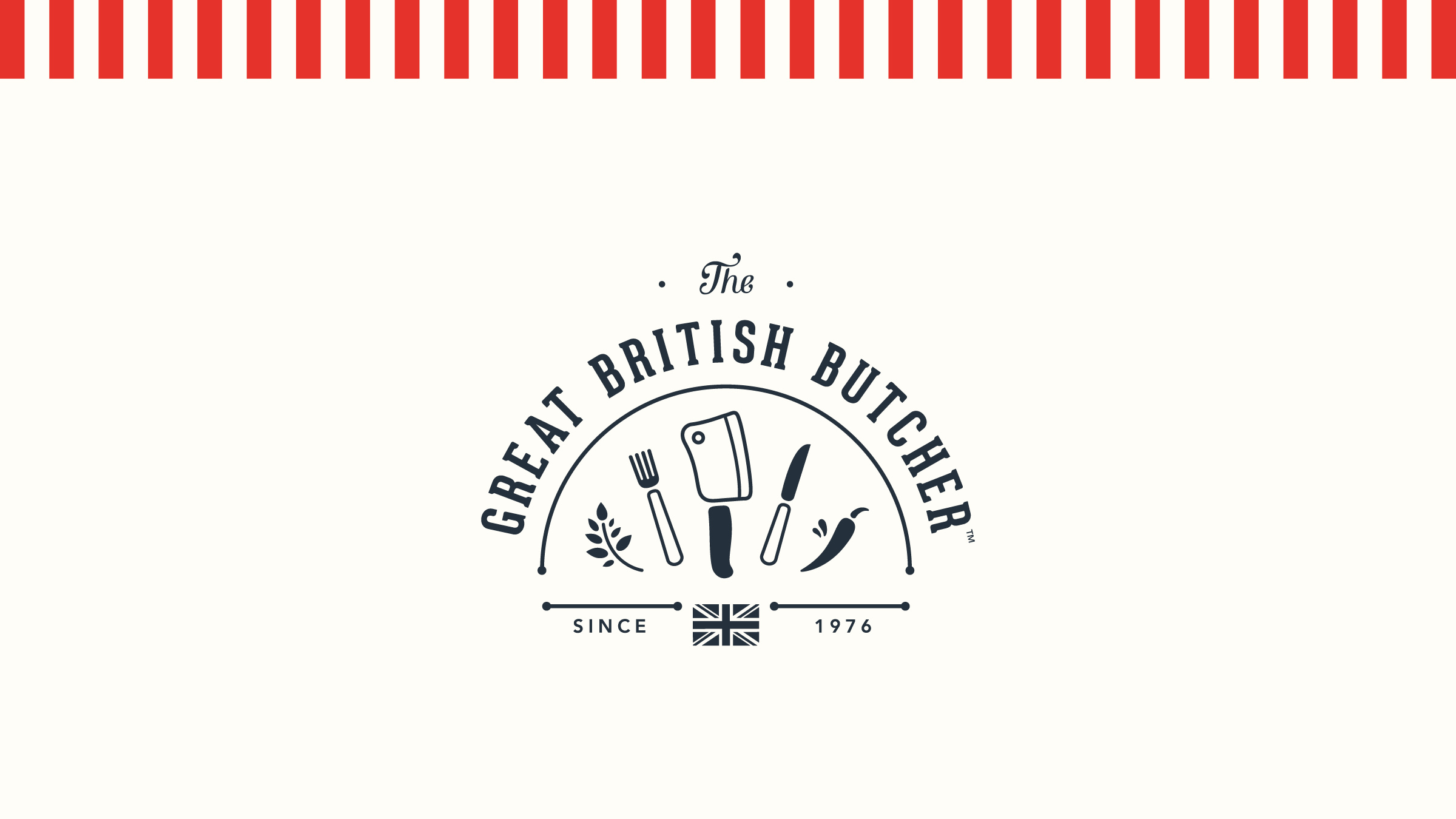 The Great British Butcher logo in an almost black shade of blue on a cream background. The logo is made up of the logotype as semi-circle arching over a chopping cleaver, life and fork, a herb and a chilli. Under the main logo there is type that reads ‘Since 1976’ on either side of a small Union Jack flag.