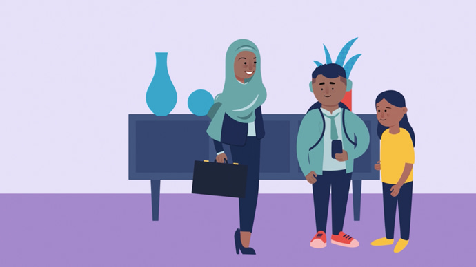 Animation still: A young Asian teenager in his school uniform and his younger sister are standing in the living room of their apartment. The boy is looking at his phone and his sister is trying to see what he is looking at. Their mum stands next to them wearing a hijab and carrying her briefcase, having just walked in from a day at the office.