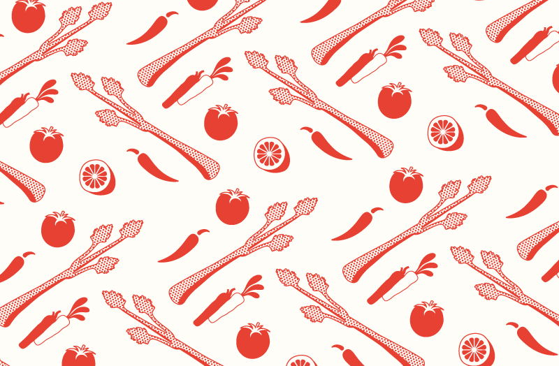 Brand pattern using the ingredients illustrations for the Bloody Mary Rub in a repeating fashion.